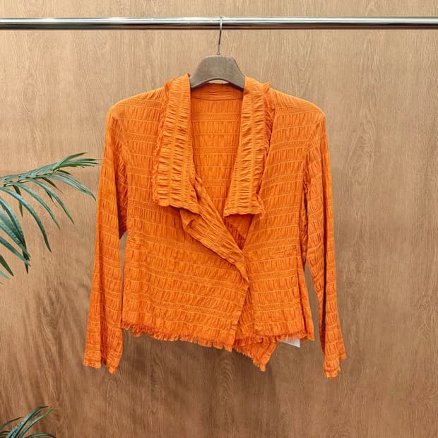 빈티지 코튼 가디건 스트라이프 패턴 셔링 싱글 버틀 클로징 디테일 오렌지