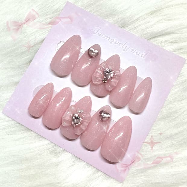 하트 크리스탈 핑크 수제네일팁 일본 공주 네일
