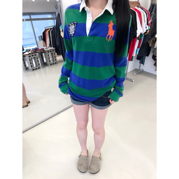 폴로 랄프로렌 오렌지 빅포니 스트라이프 럭비 긴팔티