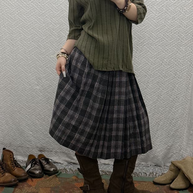 빈티지 모리 하이틴 핀턱 플리츠 체크 미디스커트 K0028