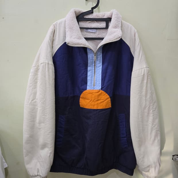 [ZARA] 컬러 블록 셰르파 카라 반집업 아노락 자켓 XL
