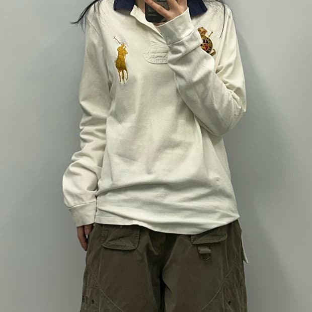 폴로 랄프로렌 빅포니 화이트 금장로고 럭비 카라 티셔츠