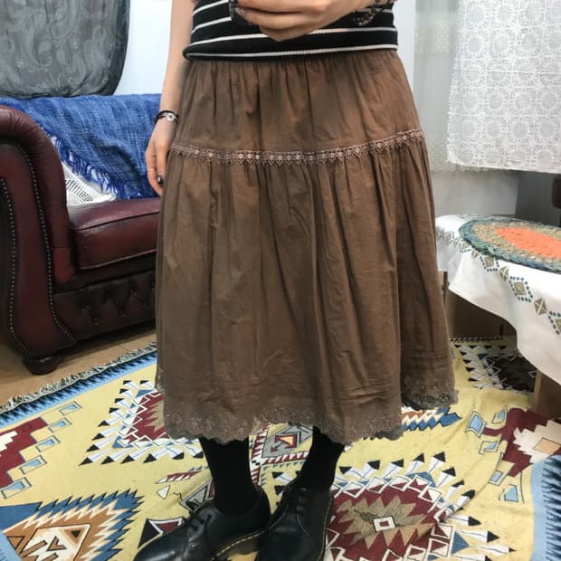 빈티지 여성 밴딩 레이스 미디스커트 