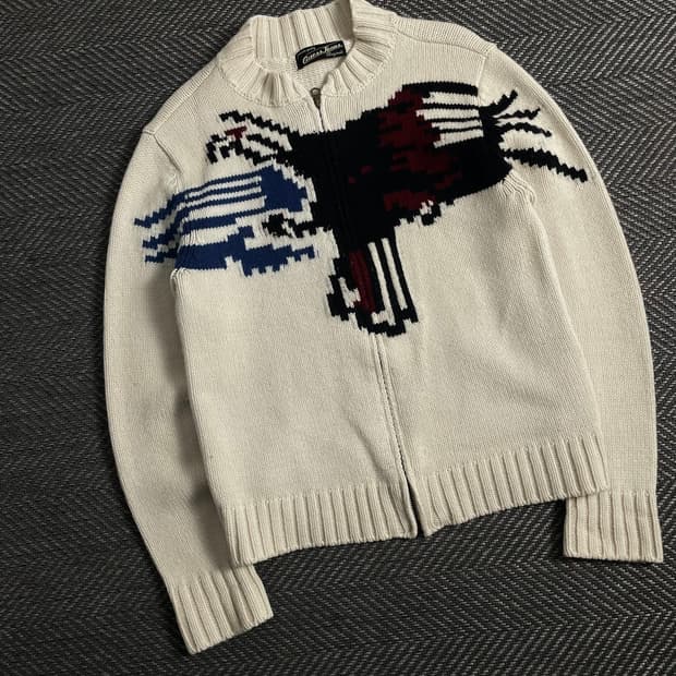 게스 빅로고 아이보리 니트 집업y 3920