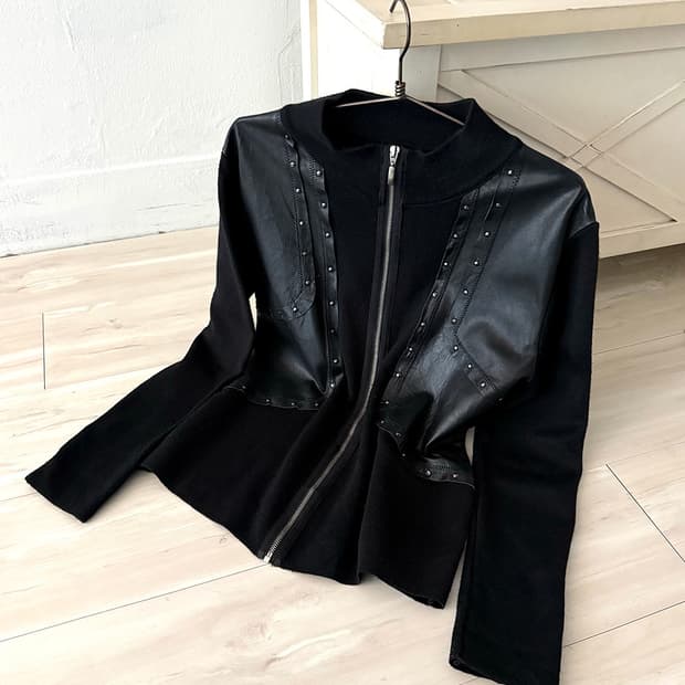 Real Leather point knit zip-up