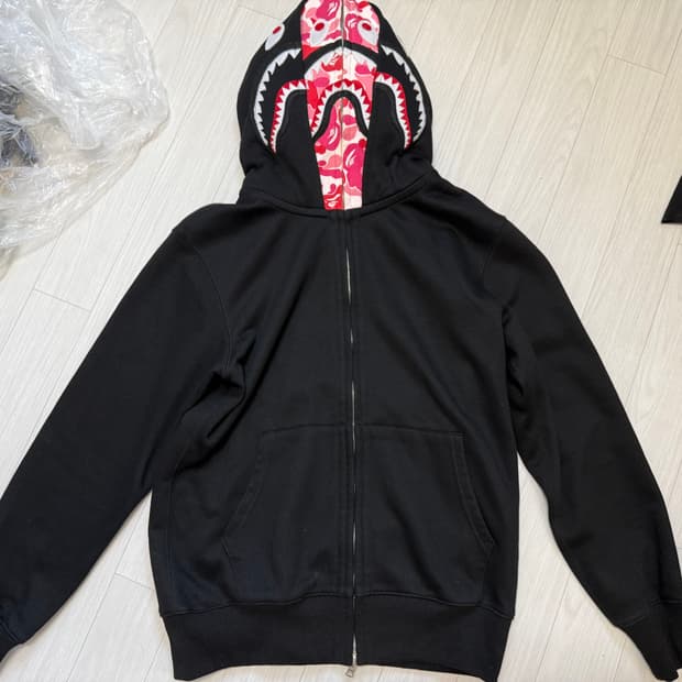 베이프 더블 샤크 후드 집업 핑크 블랙 L