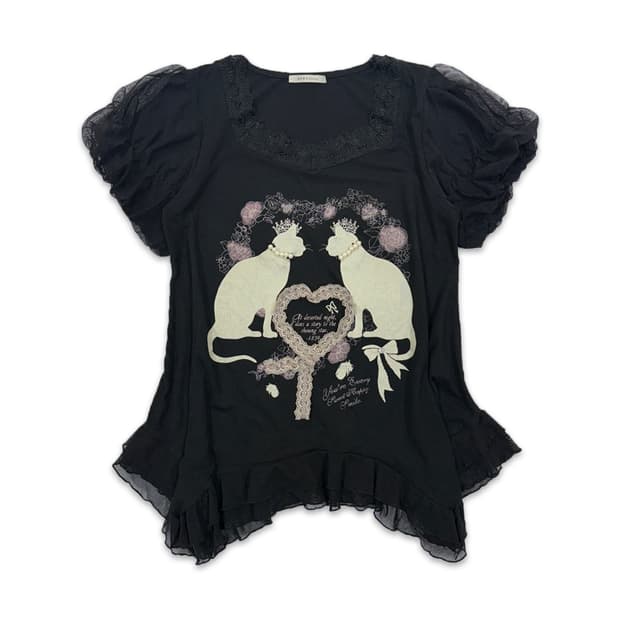 빈티지 Axes Femme 블랙 프릴 고양이 티셔츠