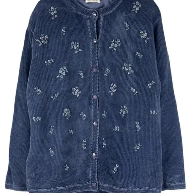 빈티지 자수 플라워 코듀로이 블루 가디건