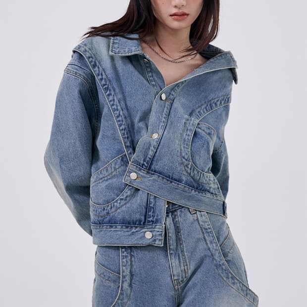 우알롱 워싱 커브 포켓 데님 자켓, 바지 셋업