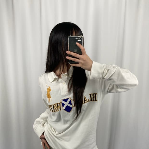 폴로 블랙와치 화이트 긴팔 카라티