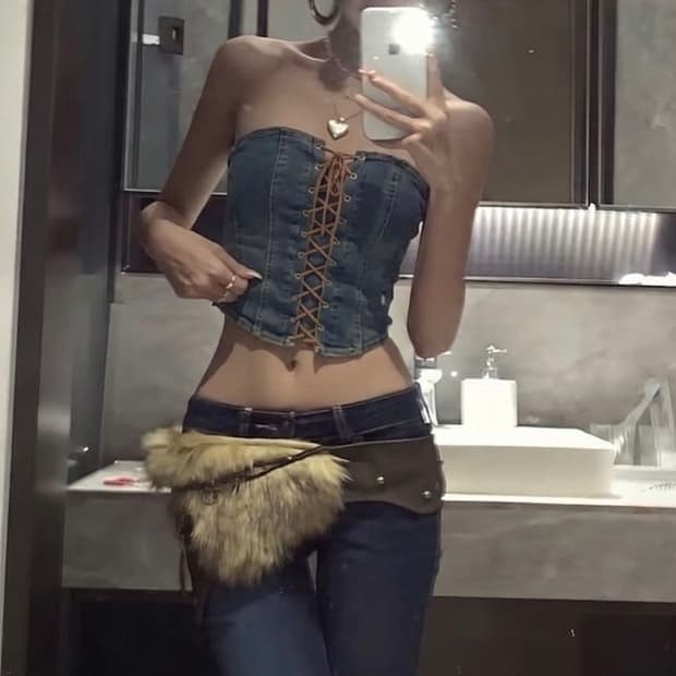 크로쉐 디테일 청 튜브탑 y2k