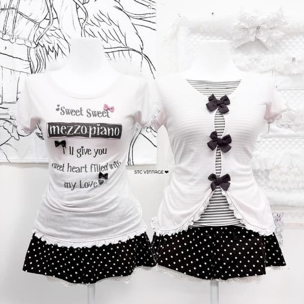 메조피아노 3연리본 프릴 스트라이프 핑크 반팔