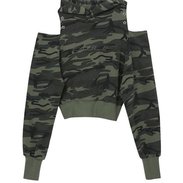 바우프 카모 컷아웃 오프숄더 크롭 후드