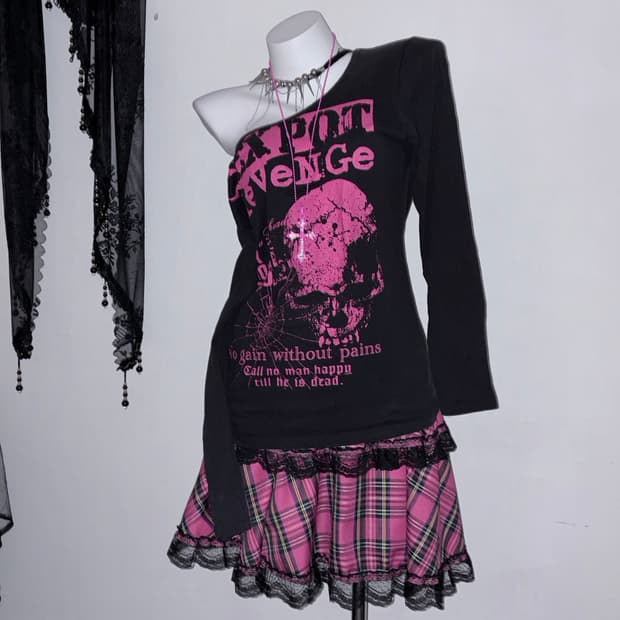 섹스팟리벤지 핫핑크 해골 롱슬리브 스컬 갸루펑크 00s