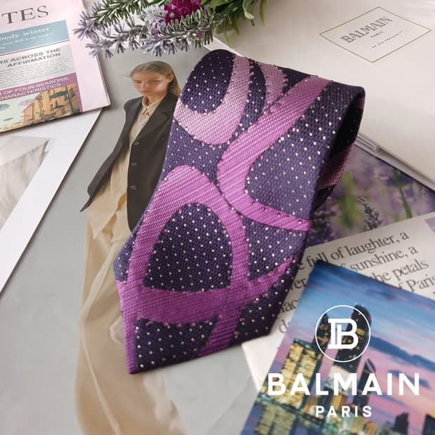 피에르 발망 실크 퍼플 기하 패턴 넥타이 8.6cm A+등급 A19363