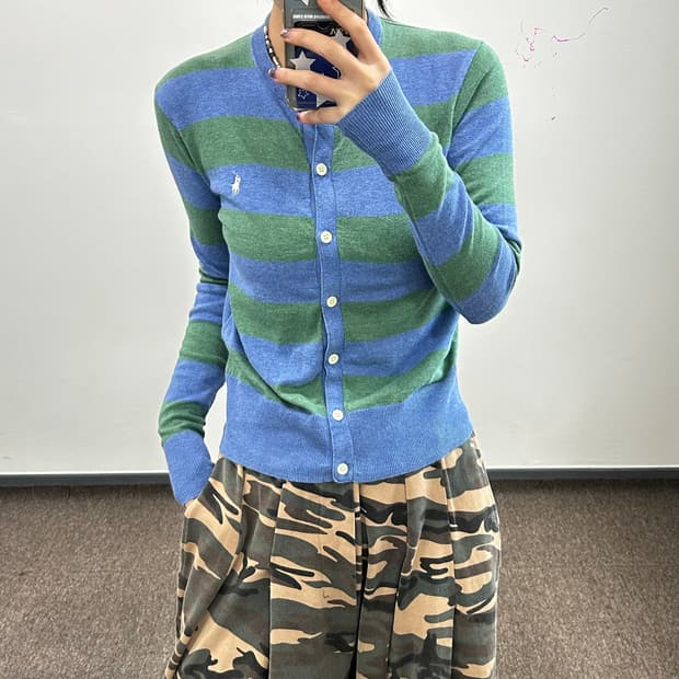 Polo 폴로 화이트포니 그린블루 스트라이프 가디건 