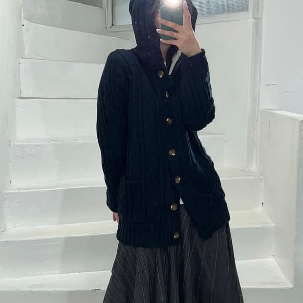 빈티지 퍼 후드 가디건 - navy