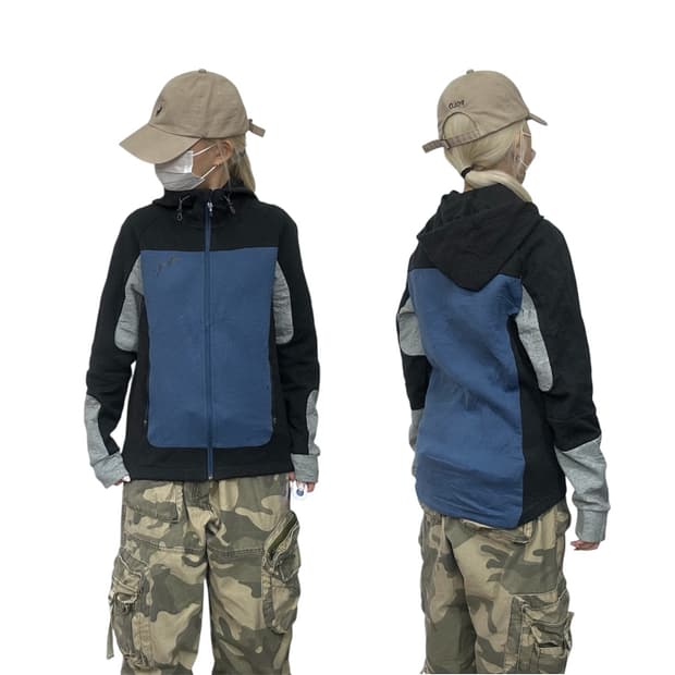 푸마 블루 블랙 후드 배색 트랙탑 져지 S