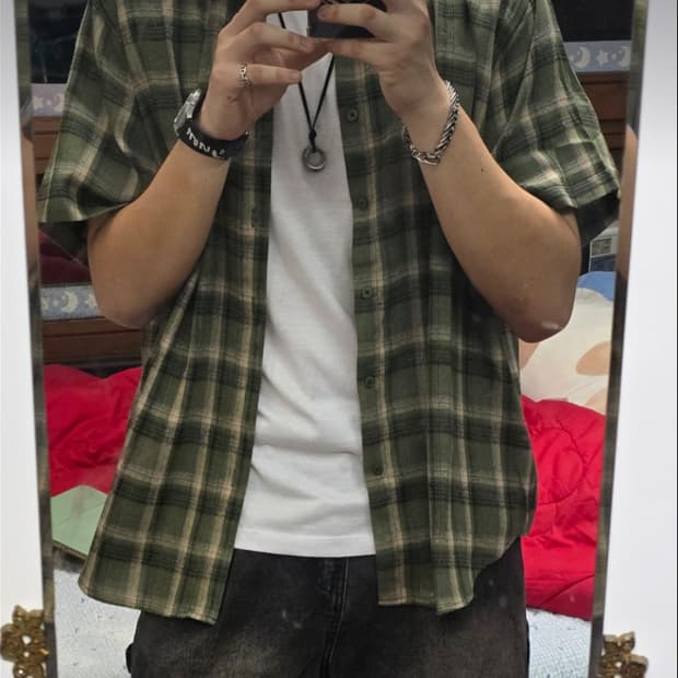 스탠다드에러 빈티지 포레스트 오버핏 반팔 타탄 체크 셔츠 그린