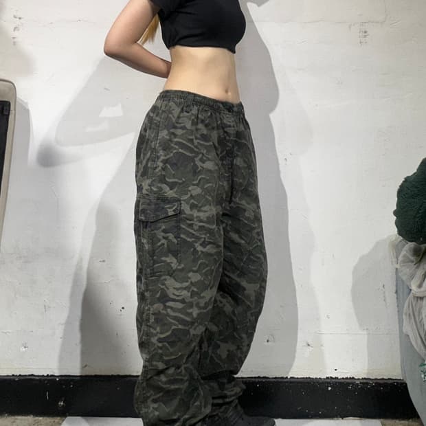 일본 빈티지 카키 카모 밀리터리 와이드 카고 팬츠 L