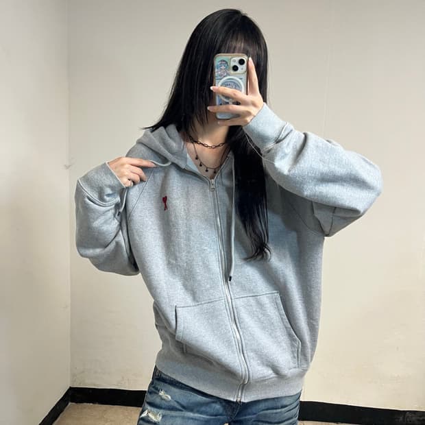 AMI Paris Grey Heart Logo Zip Hoodie