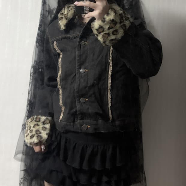 y2k 레오파드 퍼 포인트 데님 자켓 