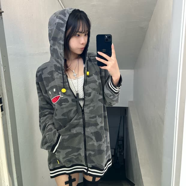 [UP! SMILE] 그레이 카모 y2k 포켓 후드집업