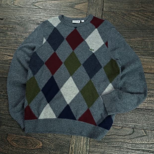 [라코스테] 로고 패치 아가일 체크 니트 그레이 M18978