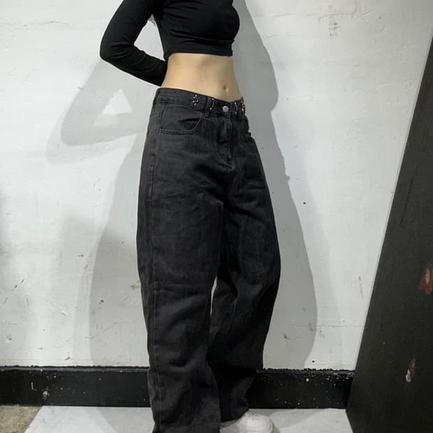 빈티지 흑청 와이드 데님 팬츠 M