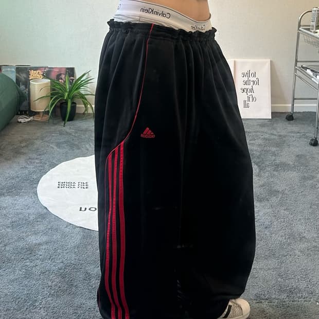 90s ADIDAS 블랙&레드 와이드 져지트랙팬츠