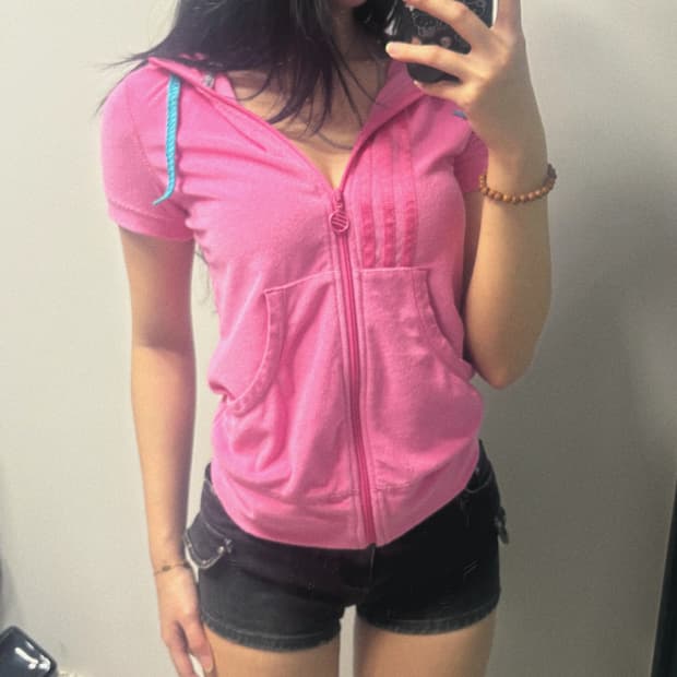 Adisas 네오라벨 트랙 스포티 핫핑크 반팔 후드집업