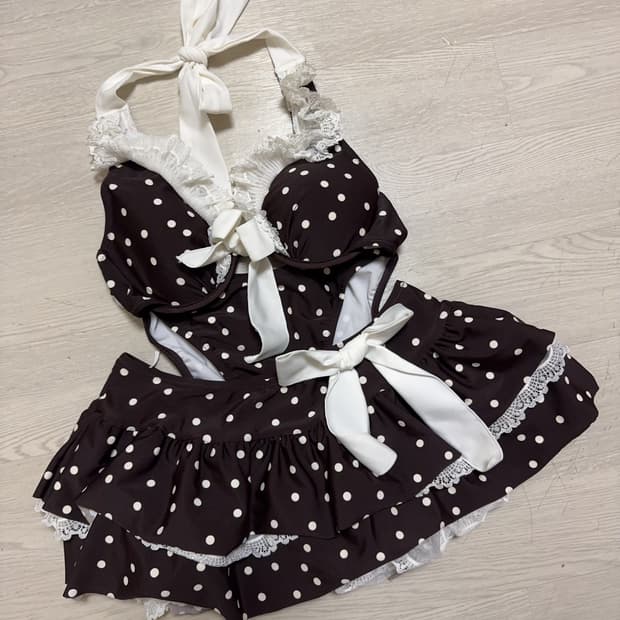 라떼갸루 리즈리사 st 일본 빈티지 브라운 도트 프릴 레이스 리본 비키니