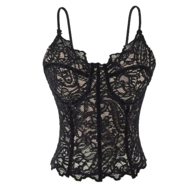 블랙 레이스 코르셋 슬리브리스 탑