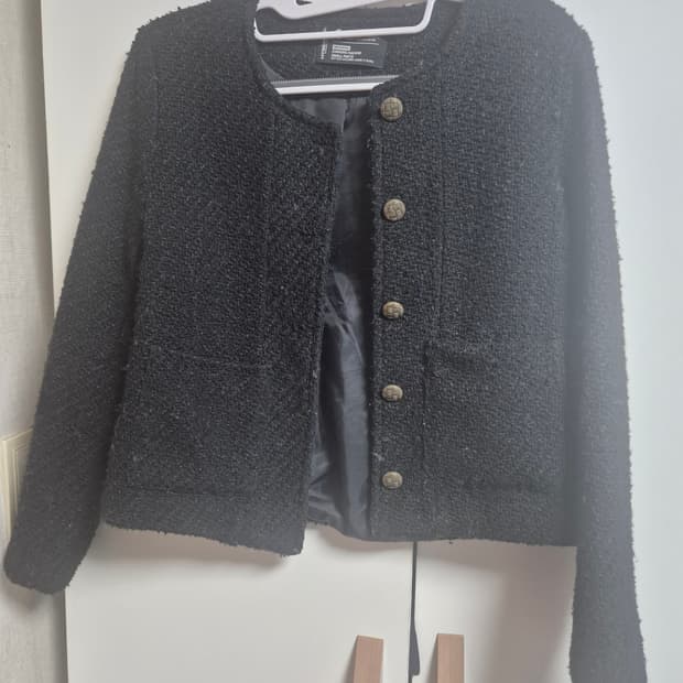 블랙 트위드 노카라 자켓