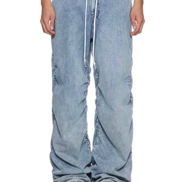 우영미/24fw 와이드 데님 연청 셔링팬츠/48