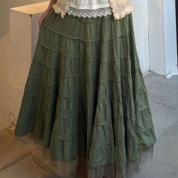 OS)Japanese vintage 카키 모리 레이스 밴딩 롱스커트