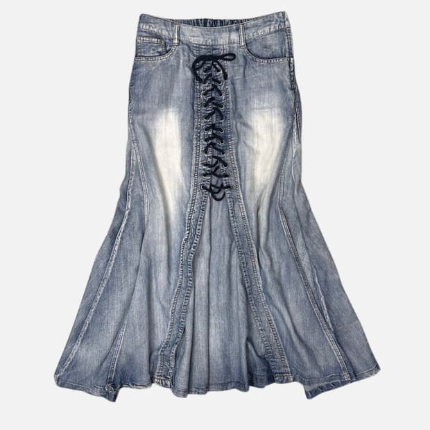 lace-up flare pannel denim skirt