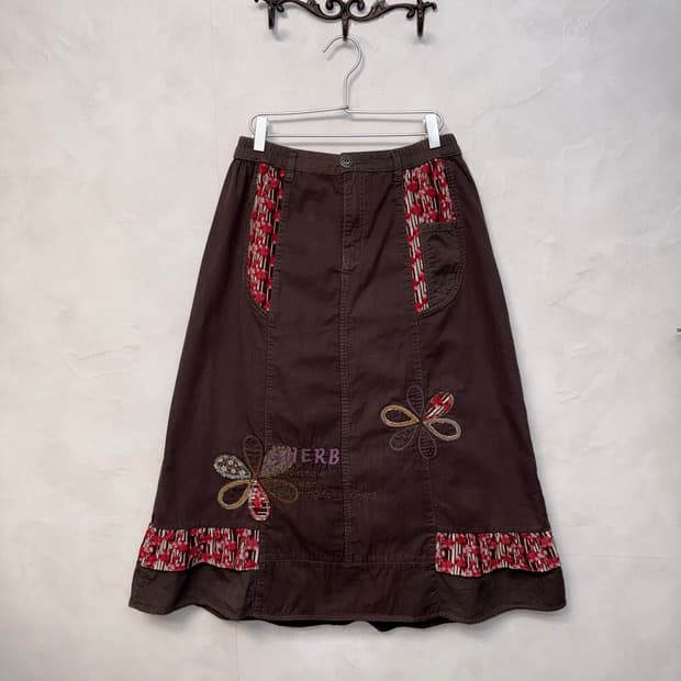 Dark brown bohemian flower patch skirt