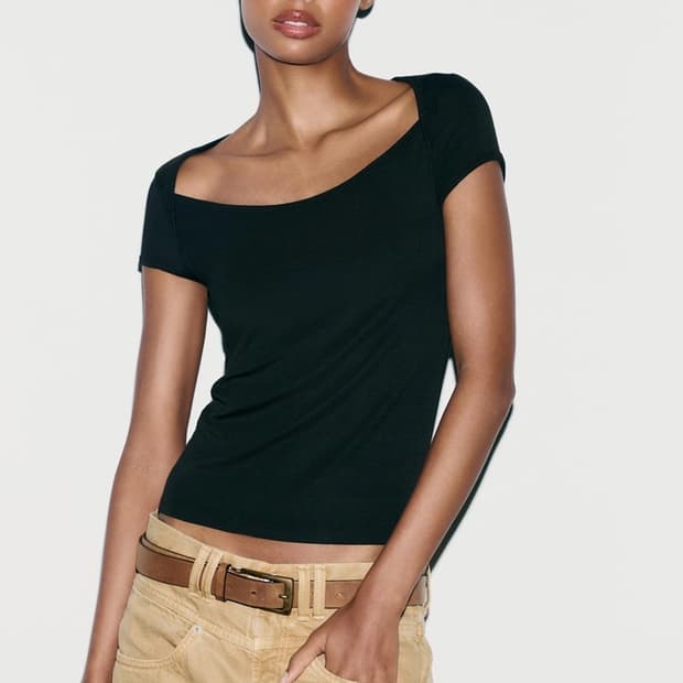 ZARA 자라 슬림 스퀘어넥 티셔츠, 자라 보트넥 티셔츠 블랙