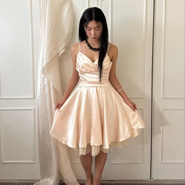 peach satin mini dress