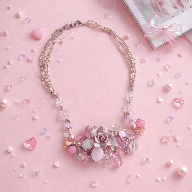 페어리 y2k 키치 핑크 플라워 비즈 목걸이