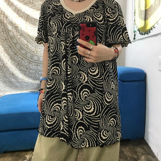 제페니즈 빈티지 패턴 브이넥 반팔 티 (Z1499)