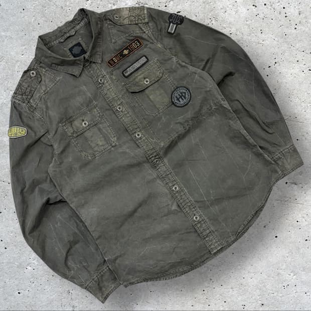 [M] 할리데이비슨 왁스 패치 워크 셔츠 카키 B499