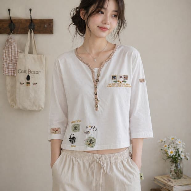 [S] 코스트 바자(Cost Bazar) 자수 포인트 헨리넥 티셔츠