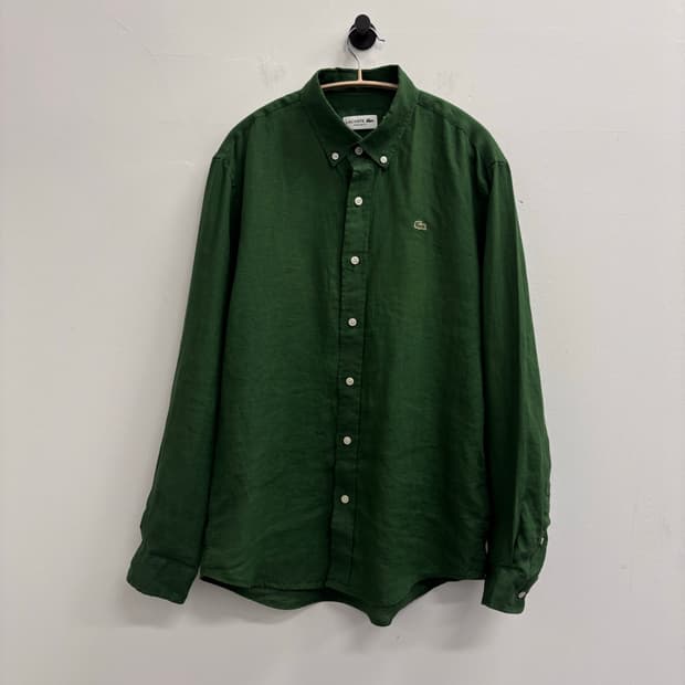 라코스테(LACOSTE) 100% 린넨 버튼다운 셔츠 다크 그린