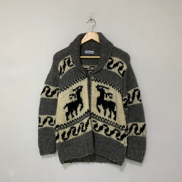 코위찬 빈티지 핸드메이드 노르딕 패턴 울 니트 집업 가디건 스웨터