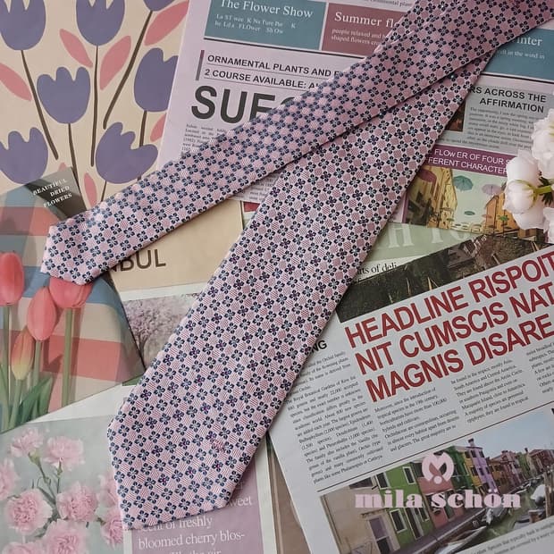 밀라숀 실크 핑크 플라워 패턴 넥타이 8.4cm 새상품 A19313
