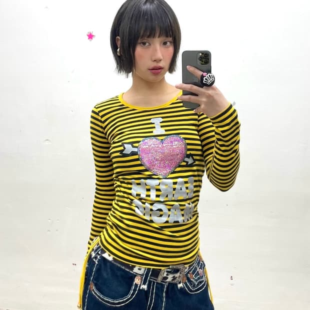 Yellow Stripe Heart Spangle Shirring t