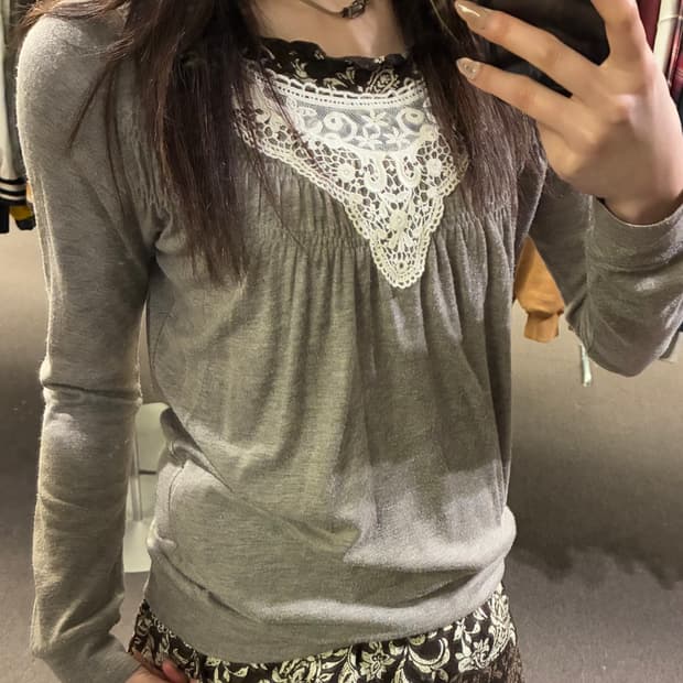 M)Lowrys Farm 빈티지 여성 꽃 레이스 디테일 롱 슬리브