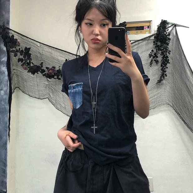 디젤 데님 포켓 블랙 반팔 탑